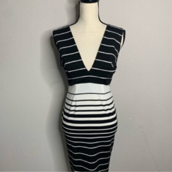 Nicholas Women’s Black & White Striped Midi Plunging V-Neck and Open Back Dress - Picture 9 of 15